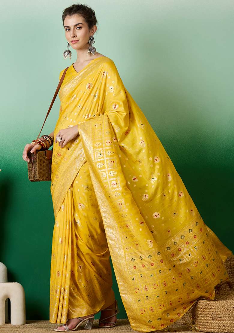 Yellow Jacquard Saree Set with Embroidered for Diwali | Wedding & Festive Wear - Indya