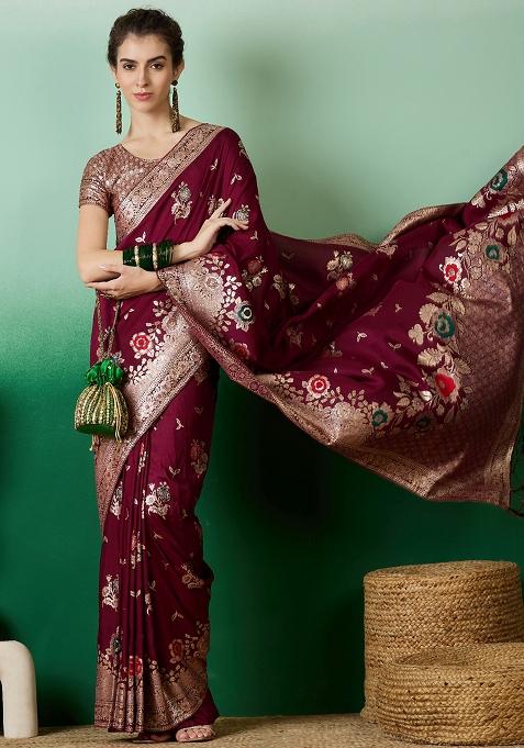 Burgundy Embroidered Jacquard Saree Set