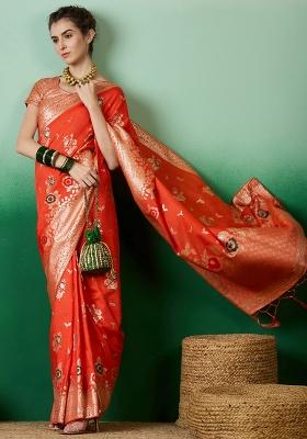 Orange Embroidered Jacquard Saree Set
