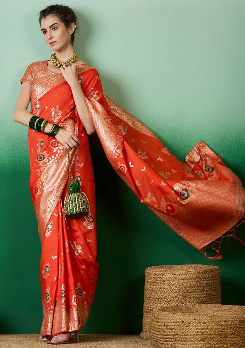 Orange Embroidered Jacquard Saree Set - Indya