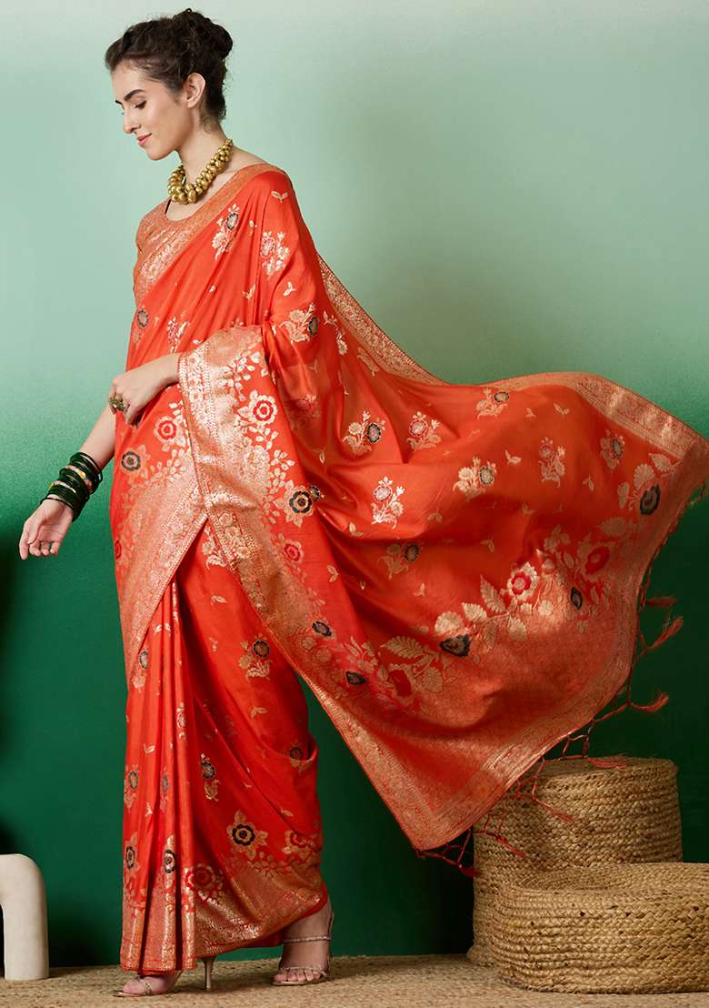 Orange Embroidered Jacquard Saree Set - Indya