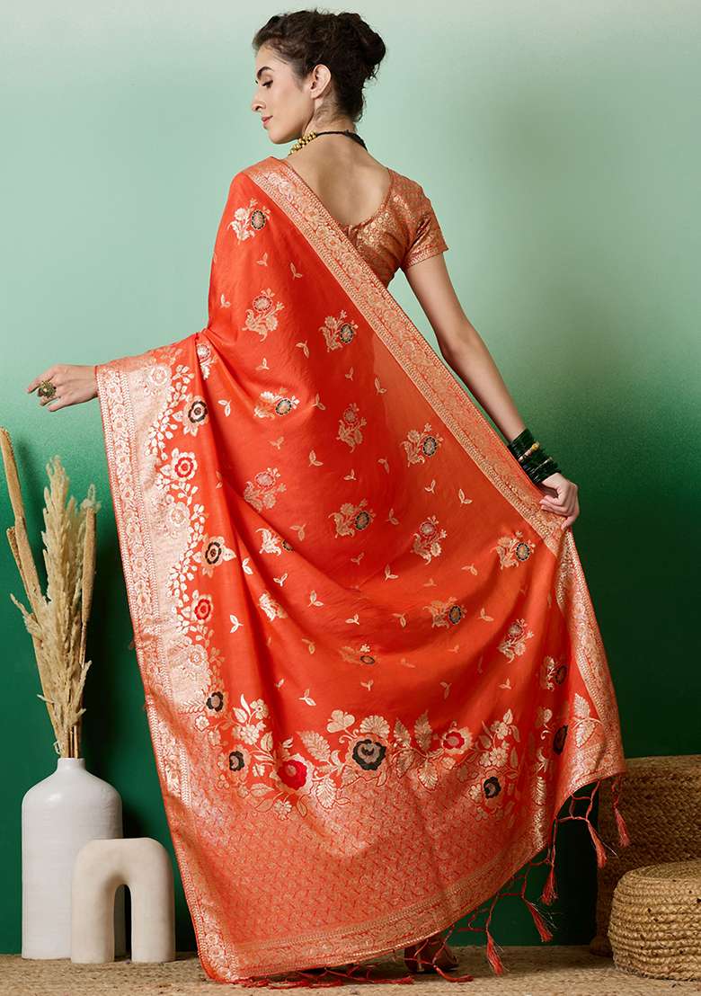 Orange Embroidered Jacquard Saree Set - Indya