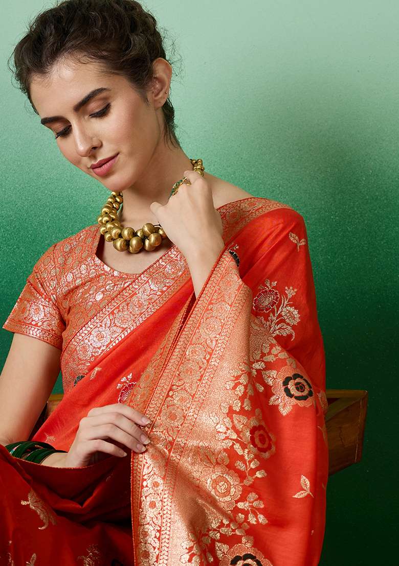Orange Embroidered Jacquard Saree Set - Indya