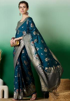 Teal Embroidered Jacquard Saree Set