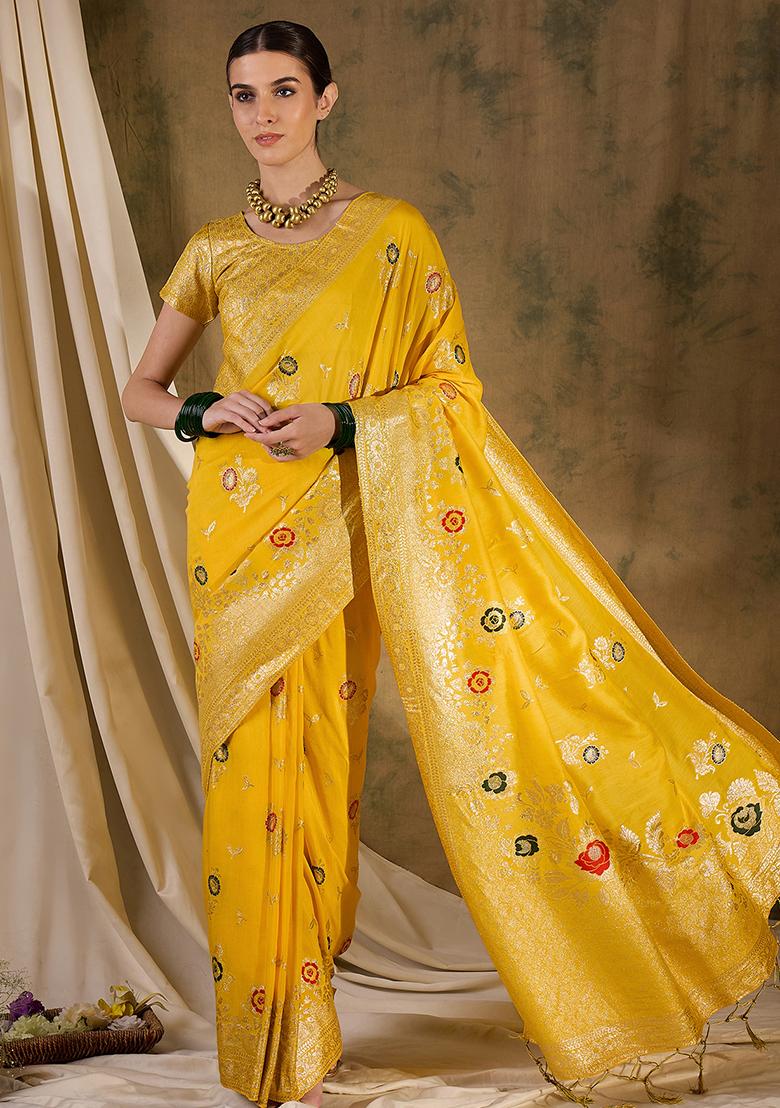 Yellow Embroidered Jacquard Saree Set