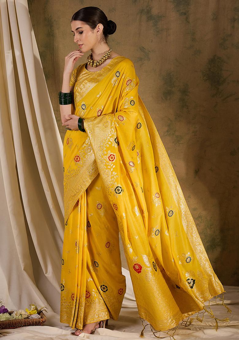 Yellow Embroidered Jacquard Saree Set
