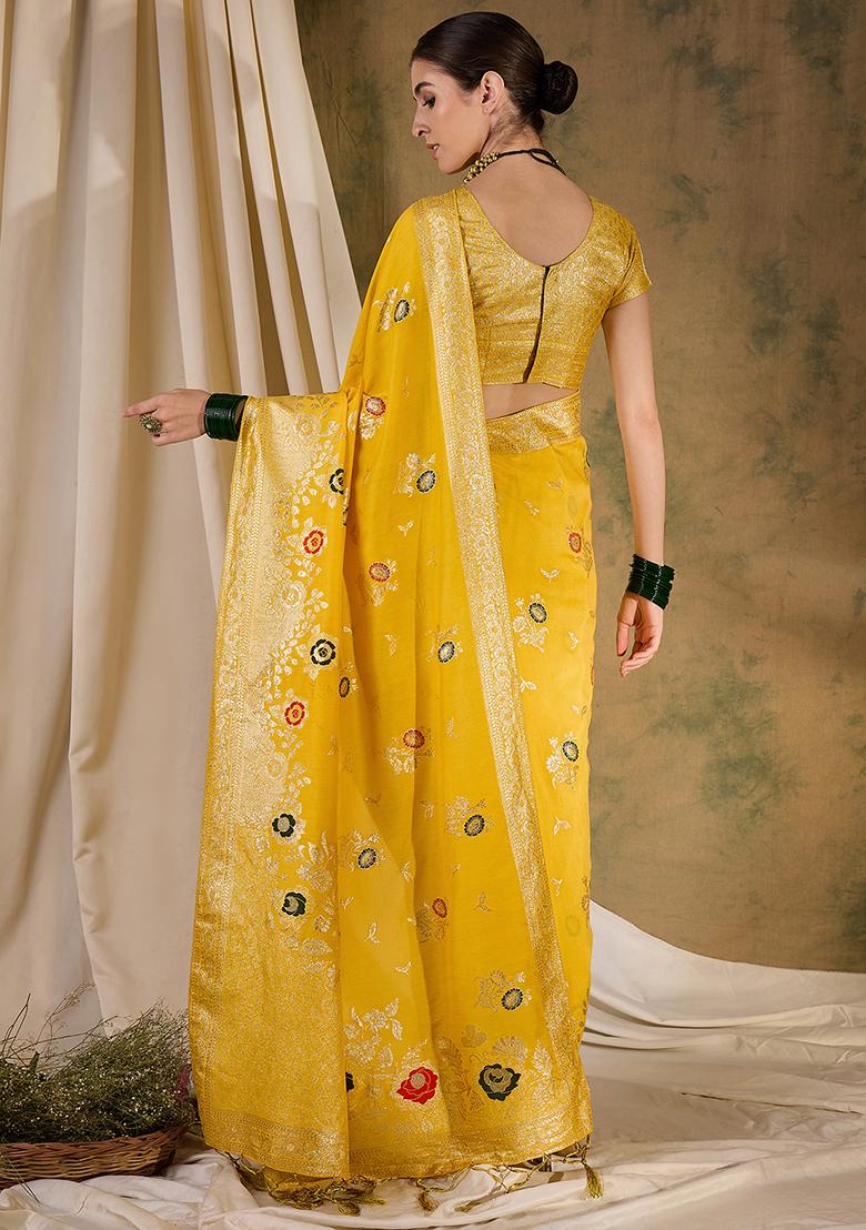 Yellow Embroidered Jacquard Saree Set