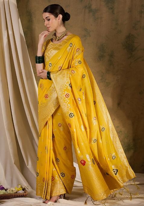 Yellow Embroidered Jacquard Saree Set