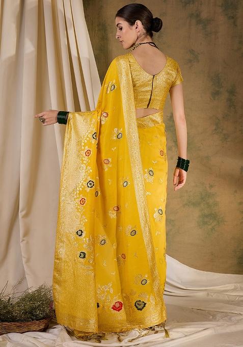 Yellow Embroidered Jacquard Saree Set