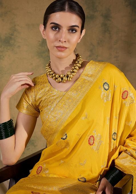 Yellow Embroidered Jacquard Saree Set
