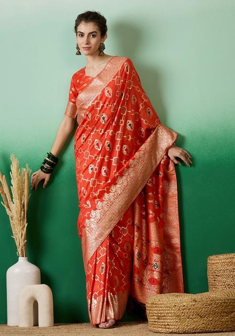Orange Embroidered Jacquard Saree Set