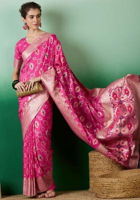 Pink Embroidered Jacquard Saree Set