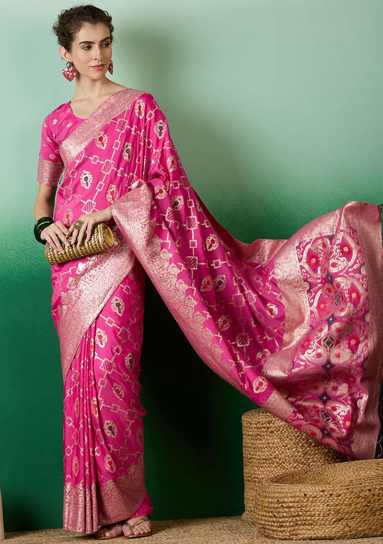 Pink Jacquard Saree Set with Embroidered for Diwali | Wedding & Festive Wear - Indya