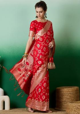 Red Embroidered Jacquard Saree Set