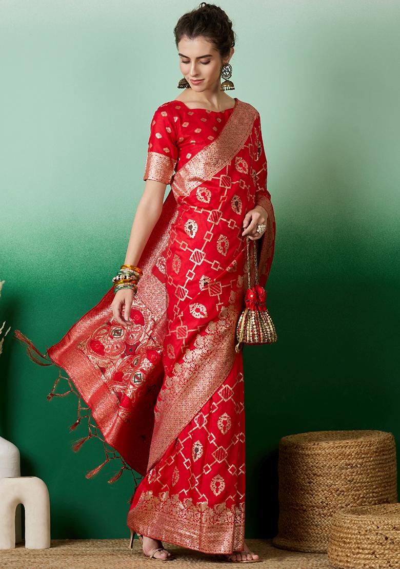 Red Embroidered Jacquard Saree Set