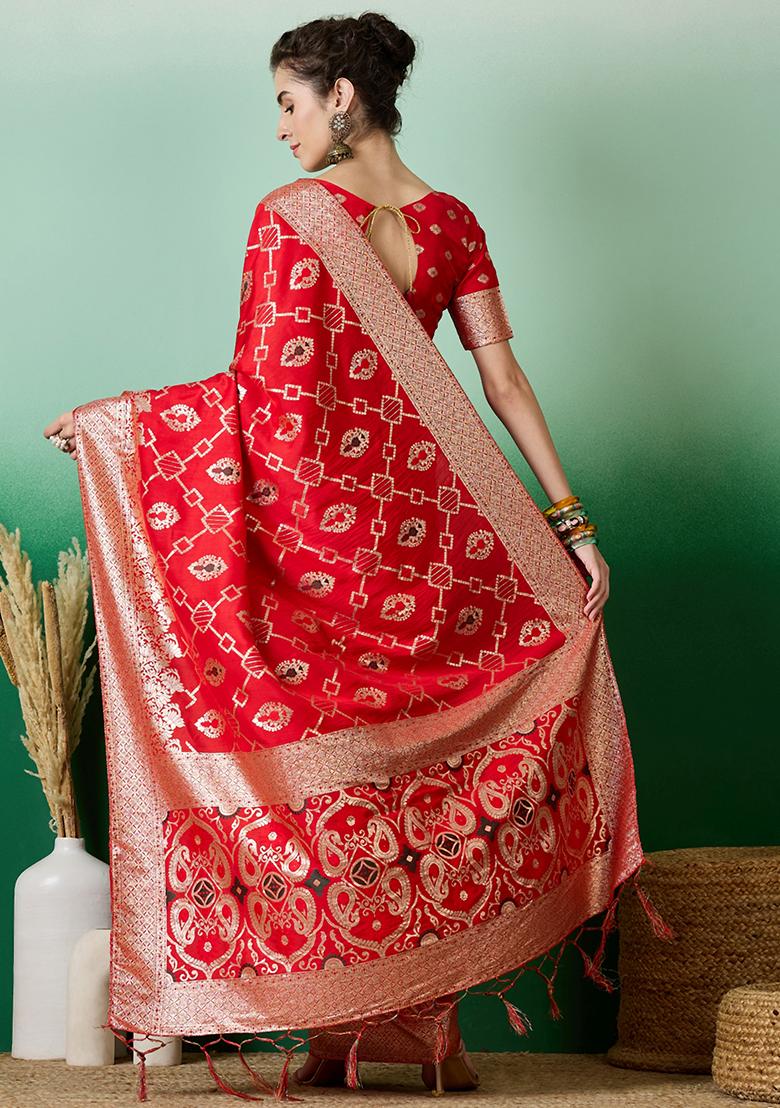 Red Embroidered Jacquard Saree Set