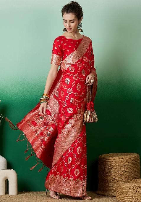 Red Embroidered Jacquard Saree Set