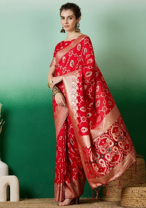 Red Embroidered Jacquard Saree Set