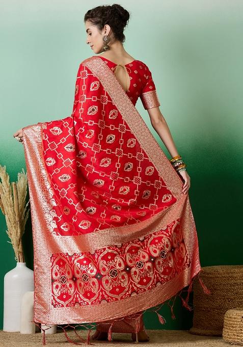 Red Embroidered Jacquard Saree Set