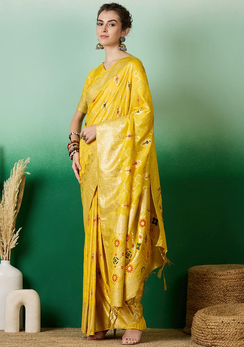 Yellow Embroidered Jacquard Saree Set
