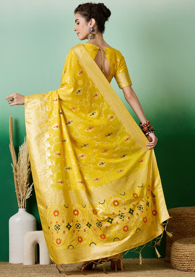 Yellow Embroidered Jacquard Saree Set