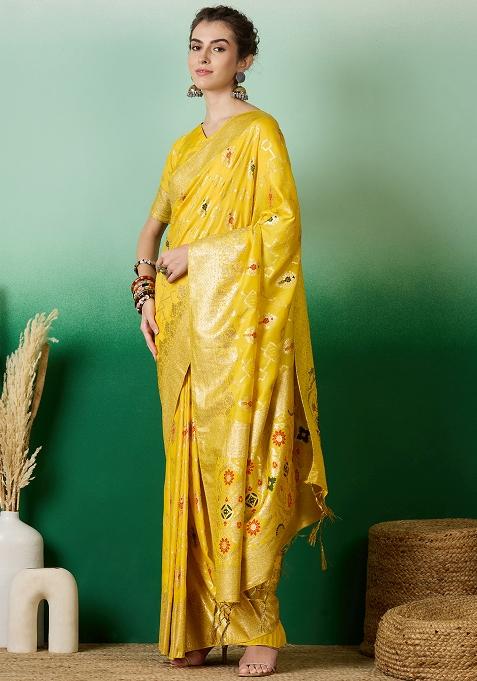 Yellow Embroidered Jacquard Saree Set