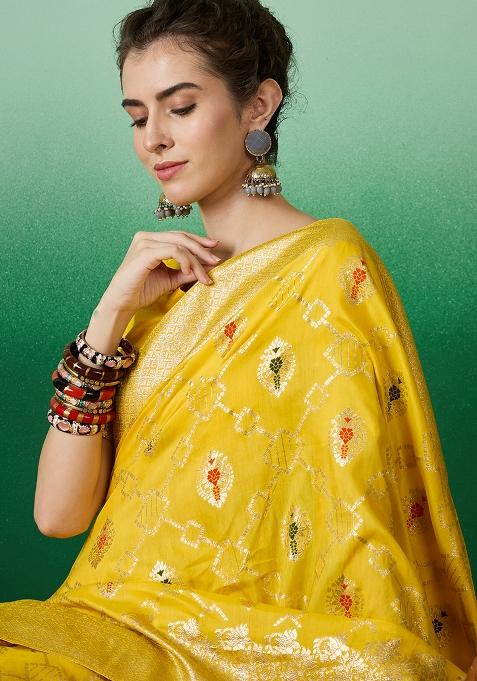 Yellow Embroidered Jacquard Saree Set