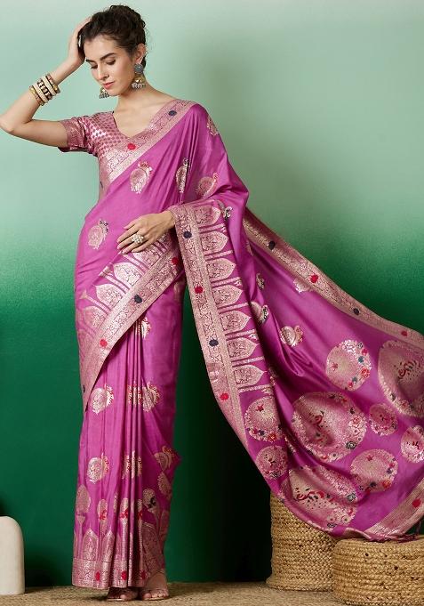 Lavender Embroidered Jacquard Saree Set