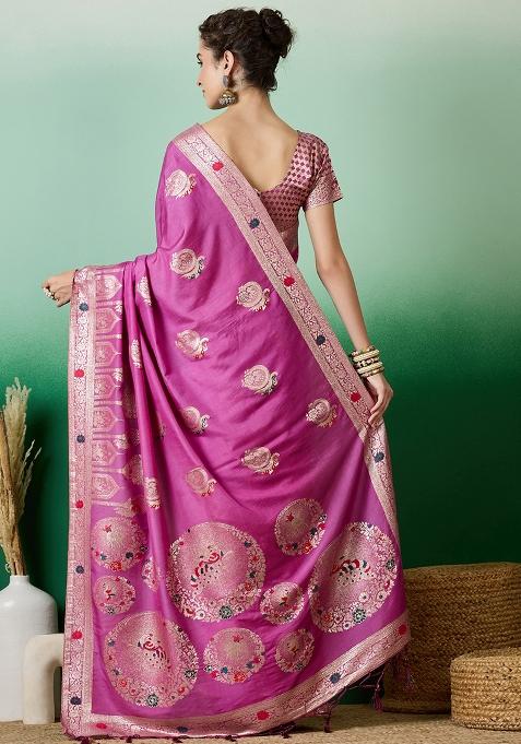 Lavender Embroidered Jacquard Saree Set
