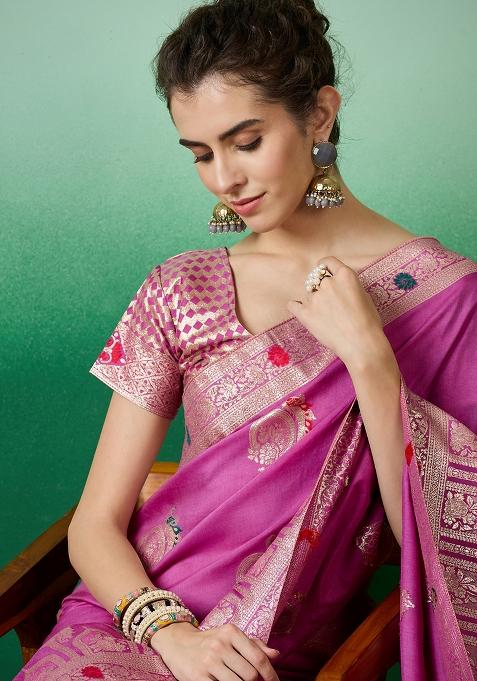 Lavender Embroidered Jacquard Saree Set