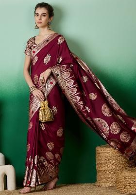 Maroon Embroidered Jacquard Saree Set