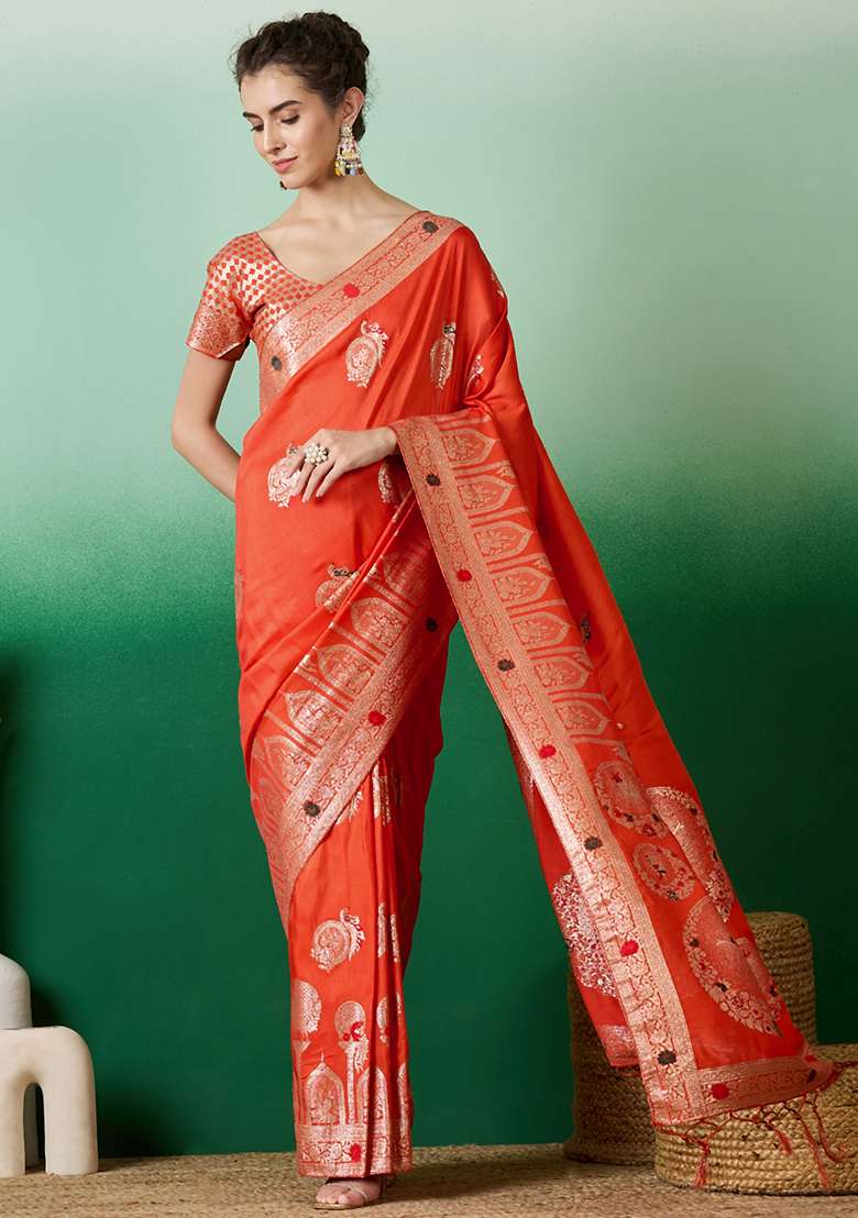 Orange Jacquard Saree Set with Embroidered for Diwali | Wedding & Festive Wear - Indya