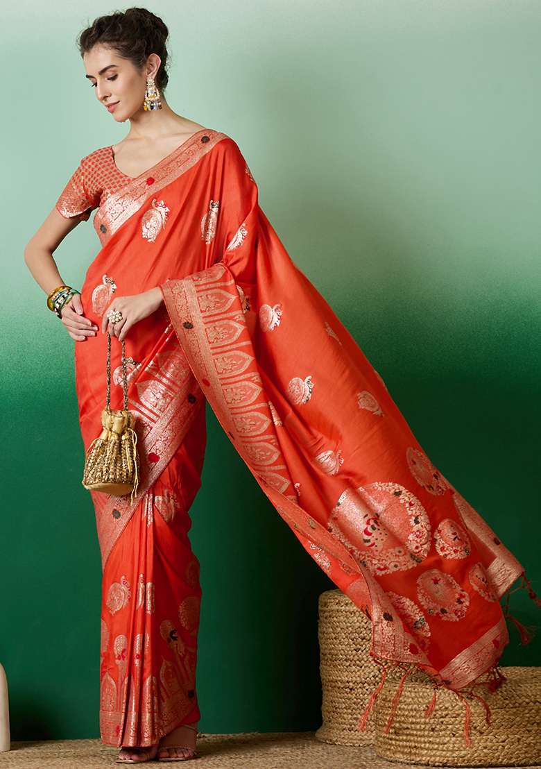 Orange Jacquard Saree Set with Embroidered for Diwali | Wedding & Festive Wear - Indya