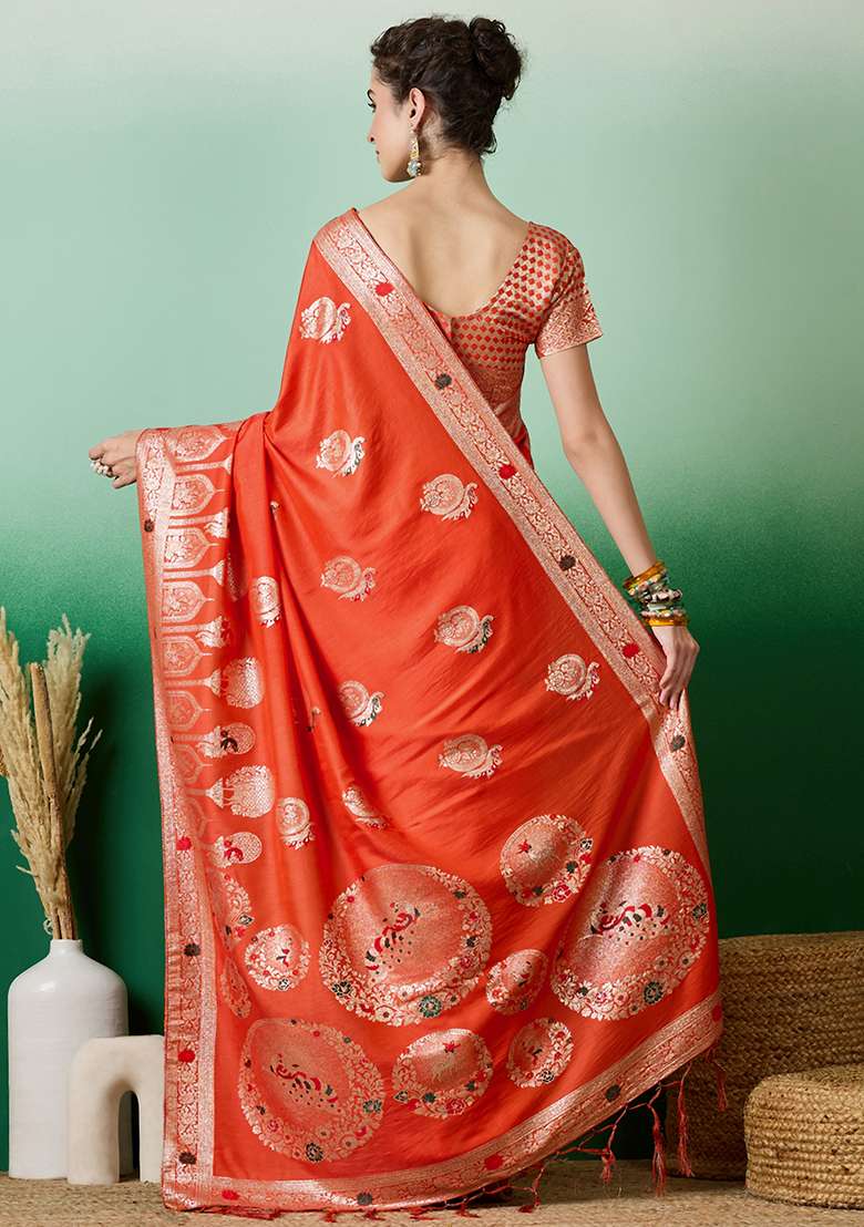 Orange Jacquard Saree Set with Embroidered for Diwali | Wedding & Festive Wear - Indya