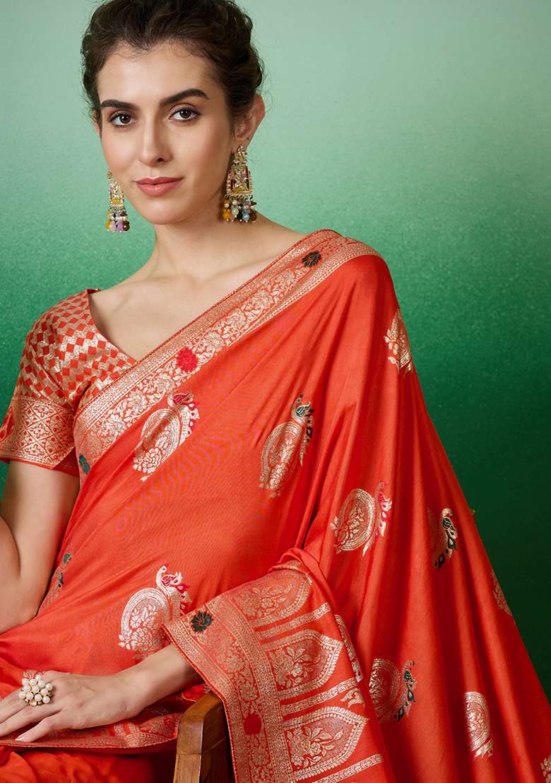Orange Jacquard Saree Set with Embroidered for Diwali | Wedding & Festive Wear - Indya