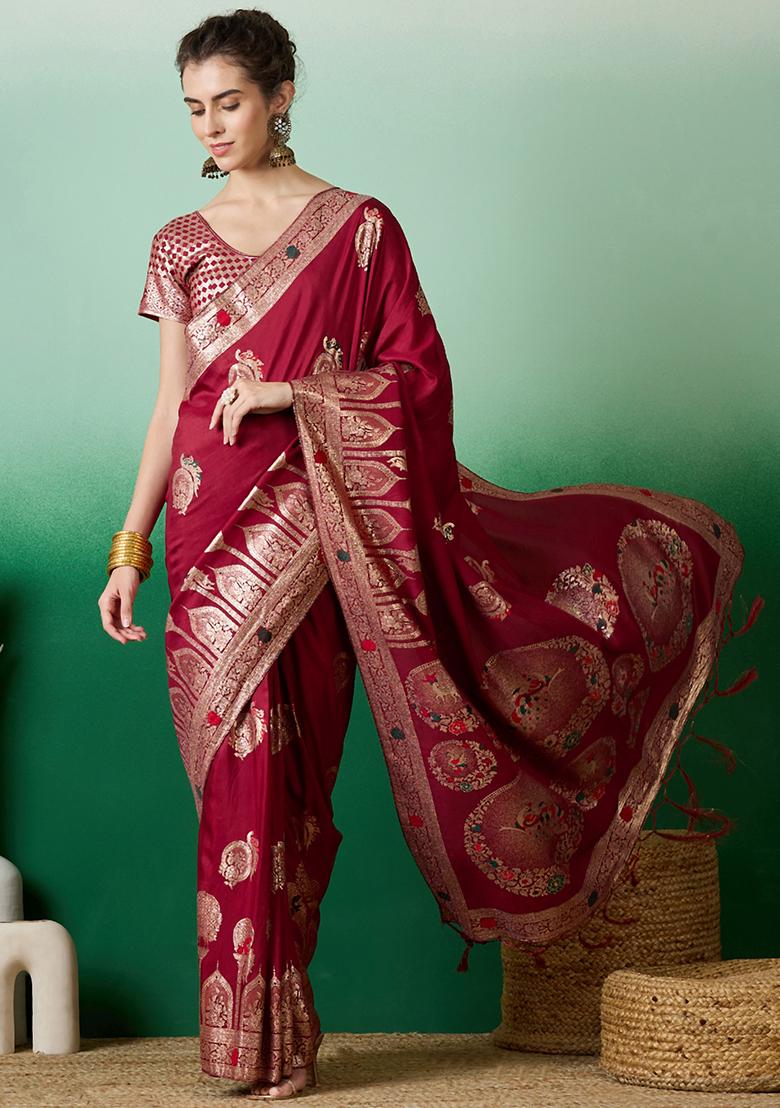Red Embroidered Jacquard Saree Set