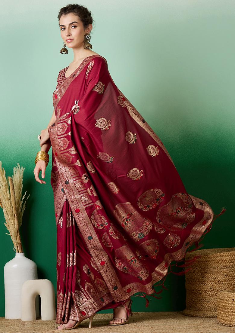 Red Embroidered Jacquard Saree Set