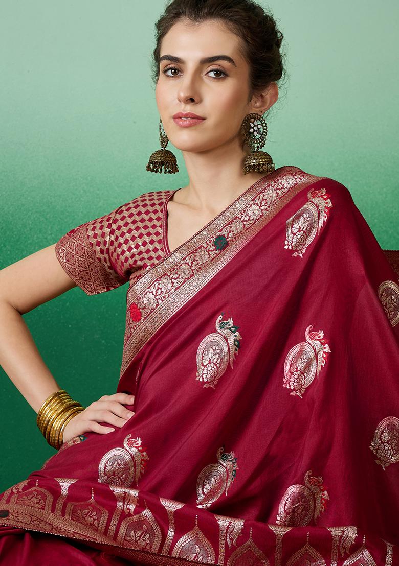 Red Embroidered Jacquard Saree Set