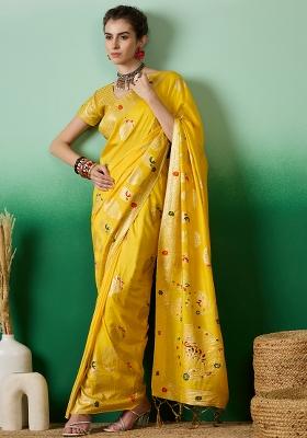 Yellow Embroidered Jacquard Saree Set