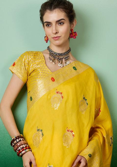 Yellow Embroidered Jacquard Saree Set