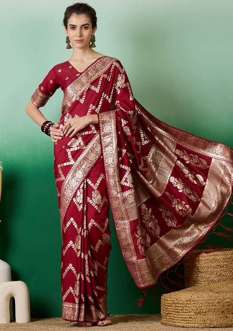 Maroon Embroidered Jacquard Saree Set - Indya