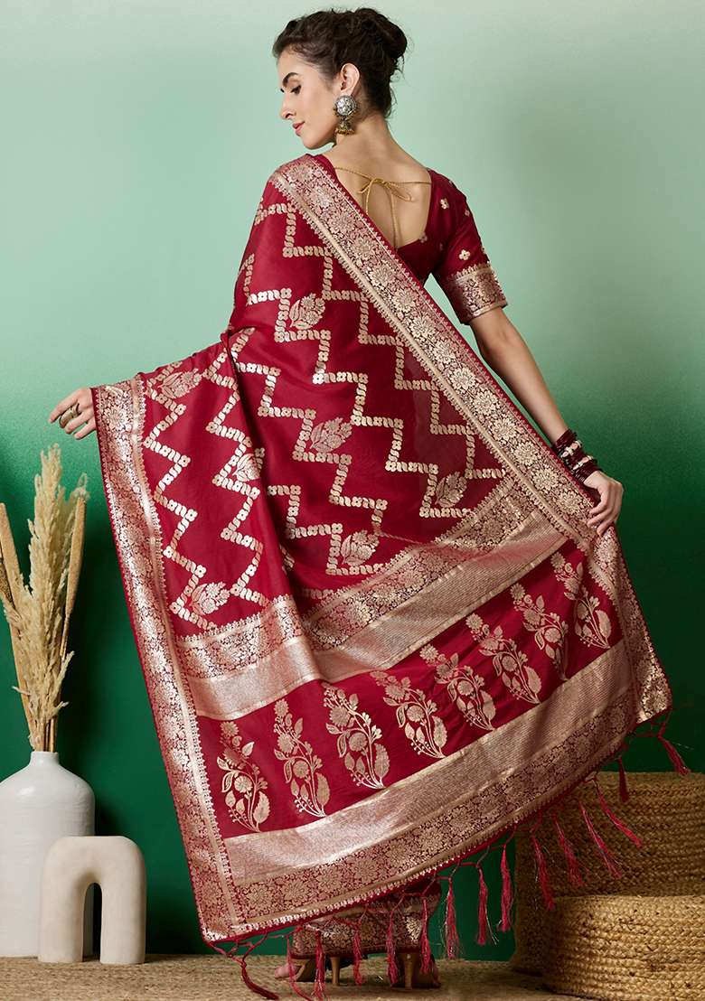 Maroon Embroidered Jacquard Saree Set - Indya