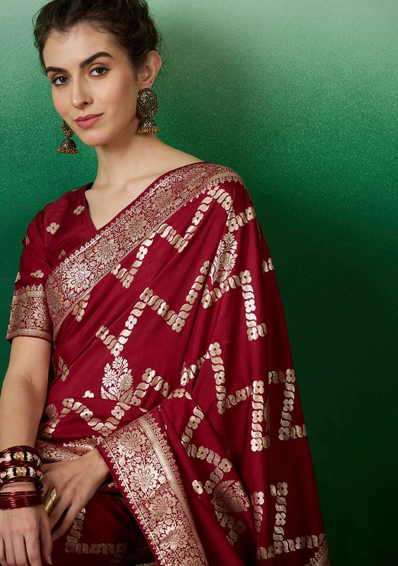 Maroon Embroidered Jacquard Saree Set - Indya