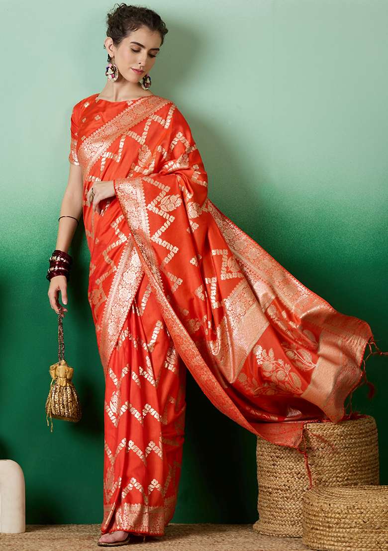 Orange Embroidered Jacquard Saree Set - Indya