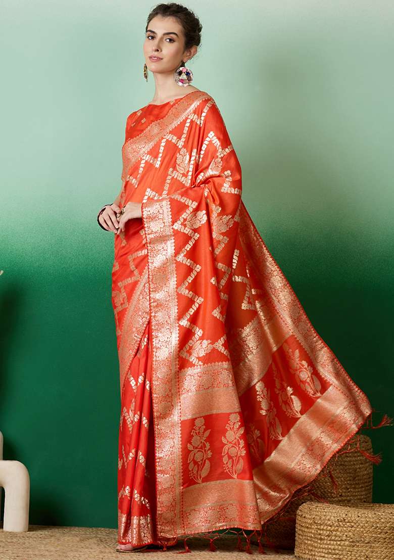 Orange Embroidered Jacquard Saree Set - Indya