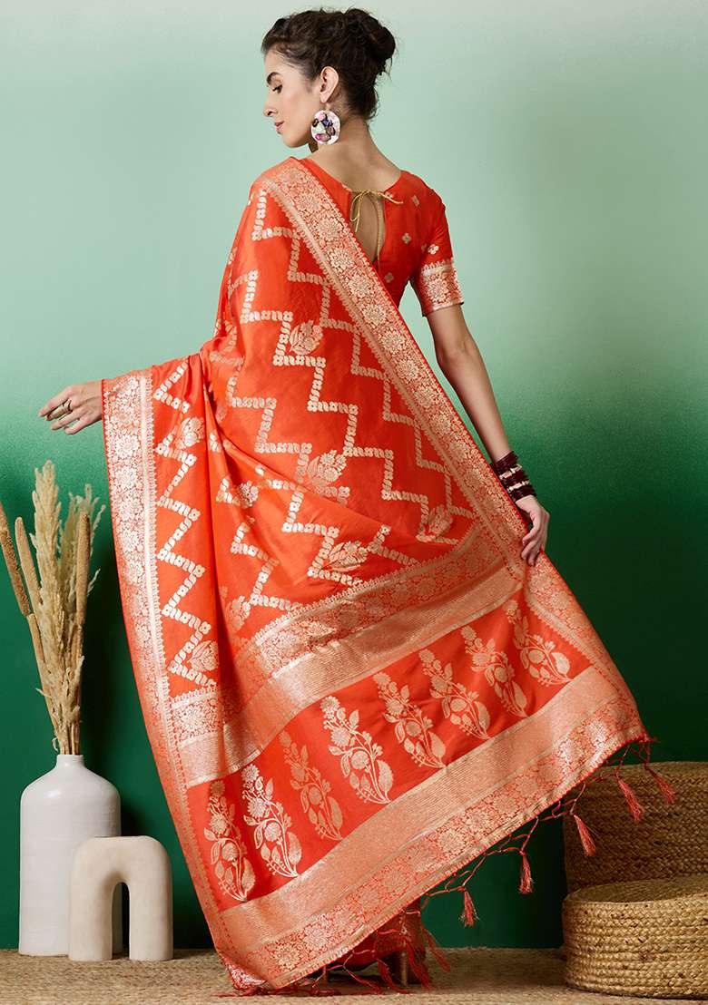 Orange Embroidered Jacquard Saree Set - Indya