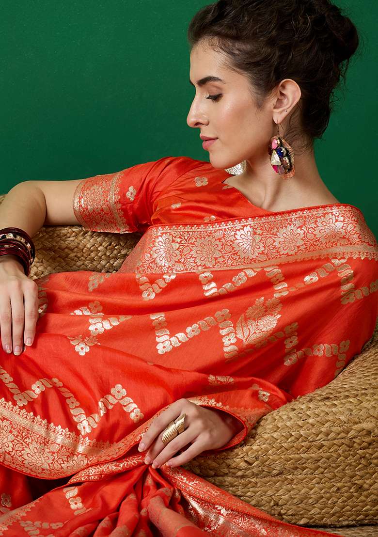 Orange Embroidered Jacquard Saree Set - Indya