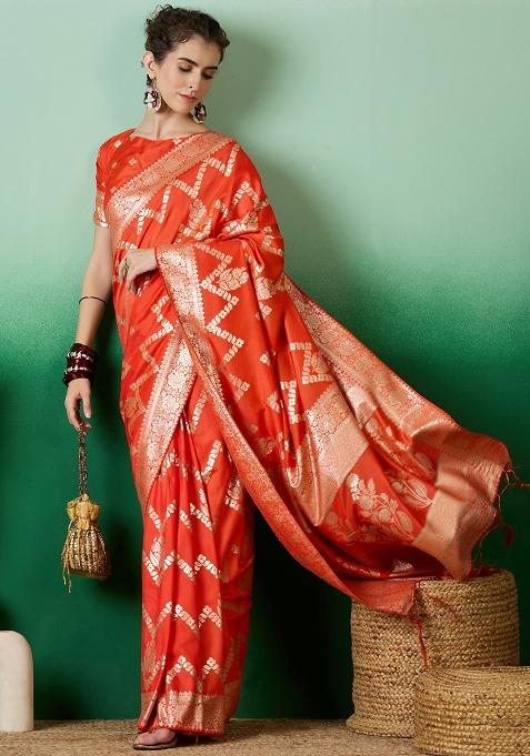 Orange Embroidered Jacquard Saree Set