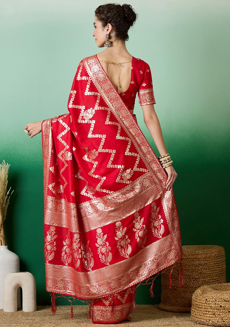 Red Embroidered Jacquard Saree Set