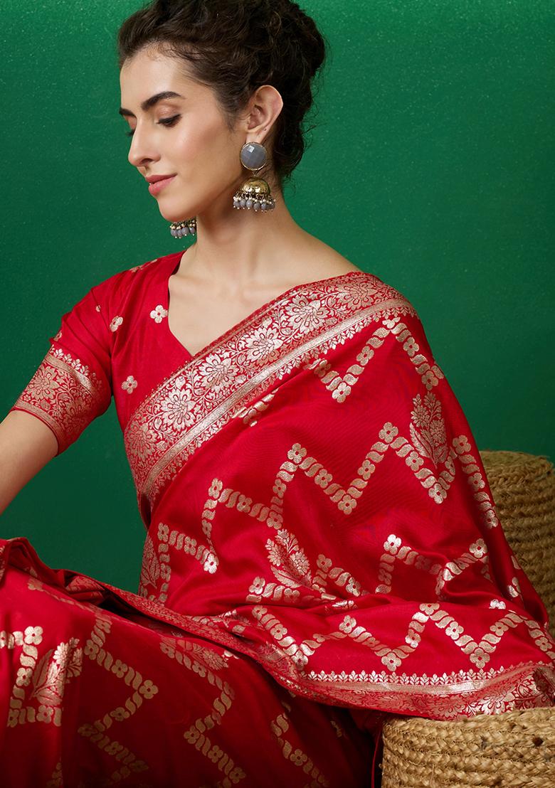 Red Embroidered Jacquard Saree Set